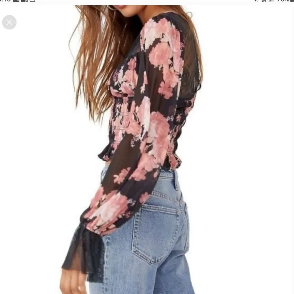 Free People Daphne Blouse Midnight Combo Small Black and Pink Floral